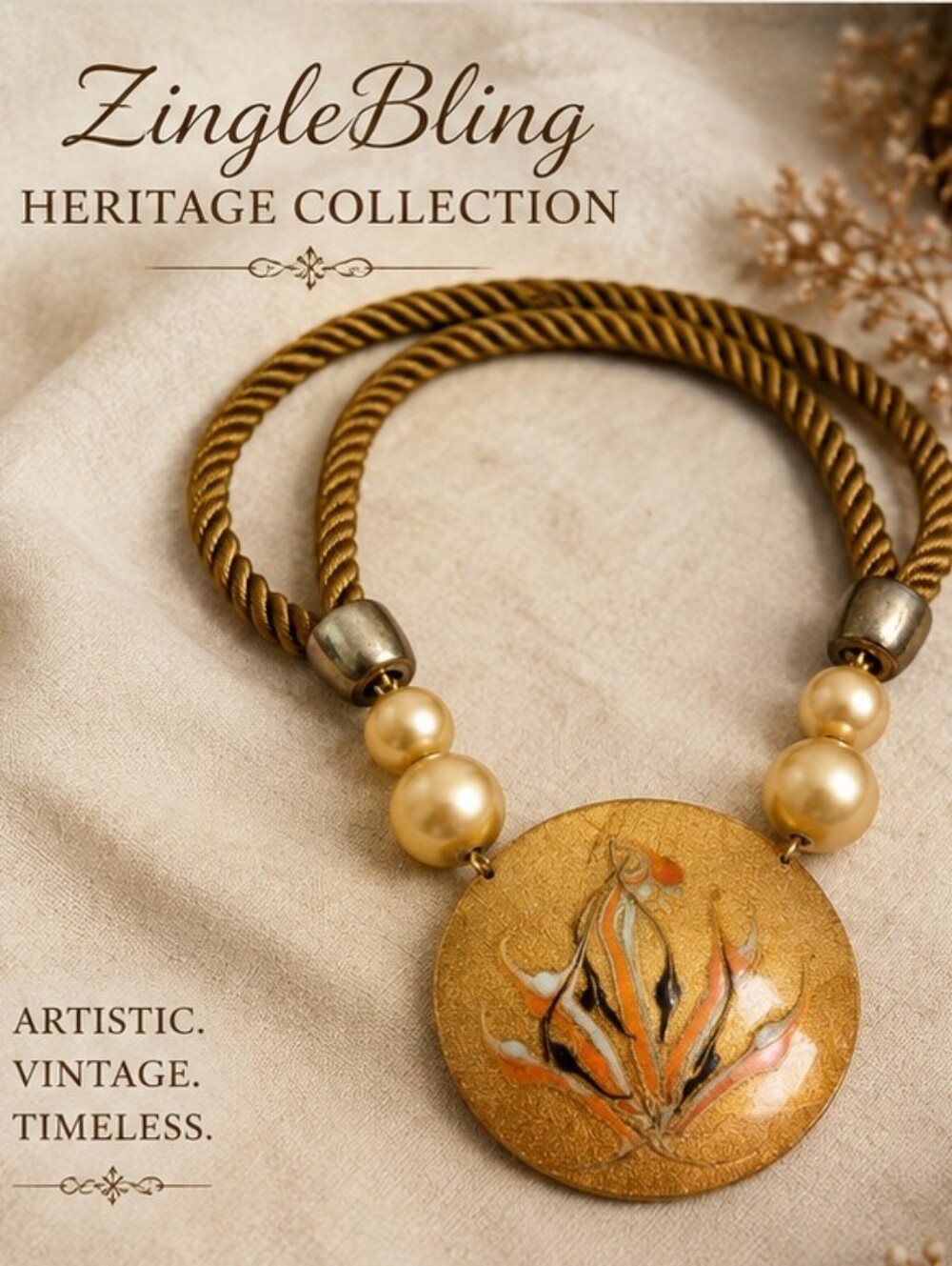 Vintage Artisan Hand Painted Floral Pendant Necklace Twisted Satin Cord